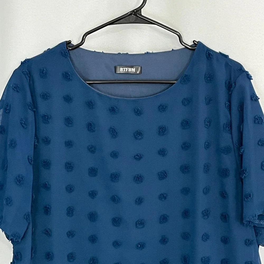 BTFBM Women Blue Textured Polka Swiss Dot Short Sleeve Top Size‎ L Casual Chic